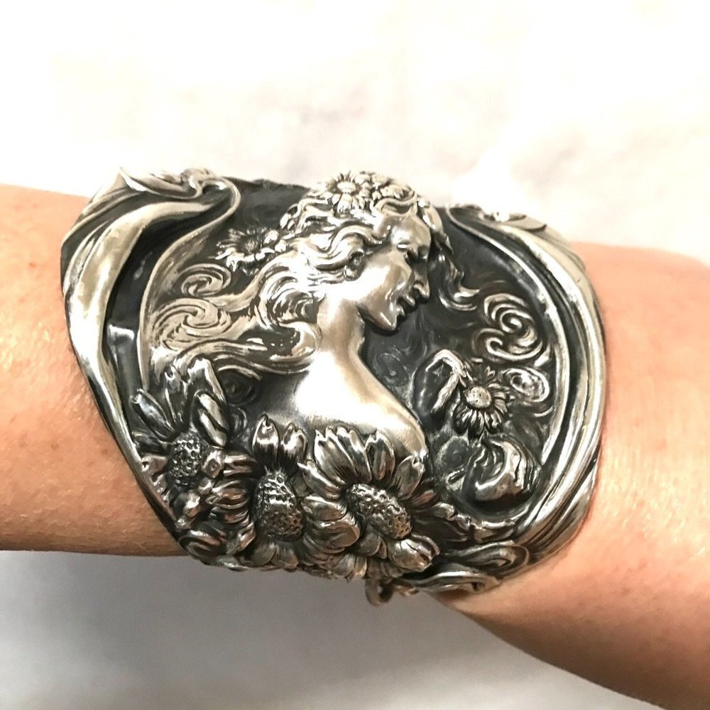 Antique Unger Bros Sterling Silver Cuff Bracelet Victorian 925 Lady Face - Picture 7 of 9